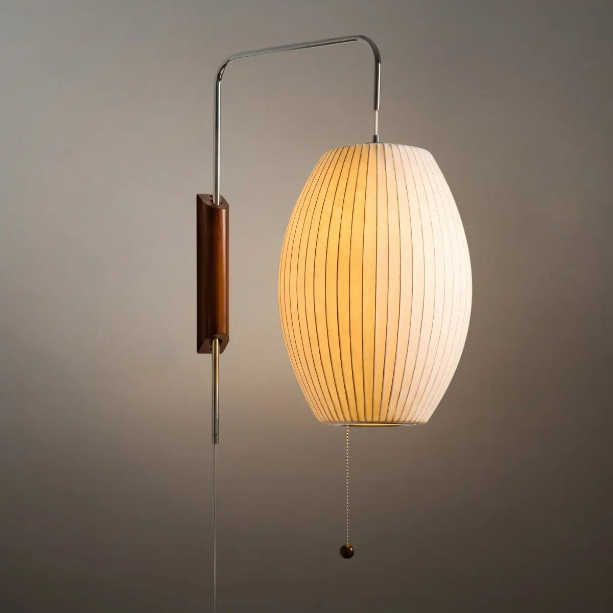 Modern Plug-In Wall Lamp -- Polymer Steel Walnut Metal Chrome & Walnut with White Shade