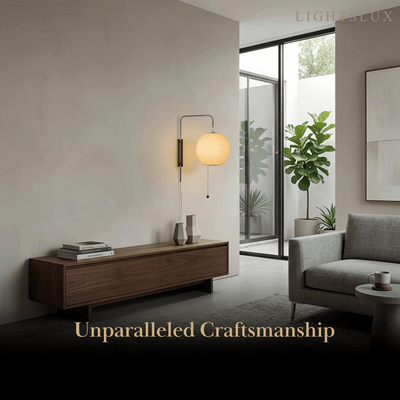 Modern Plug-In Wall Lamp -- Polymer Steel Walnut Metal Chrome & Walnut with White Shade