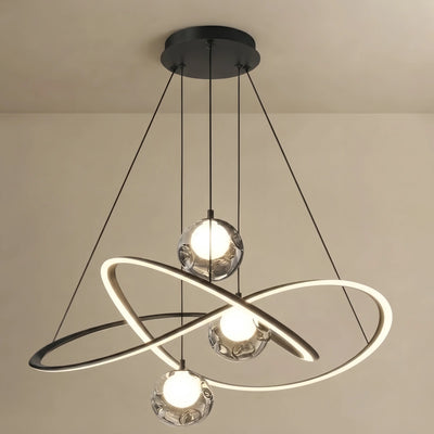 Lunara Minimalist Ring Chandelier — Carbon Steel & Glass with Smoke Grey Globes for Living Room
