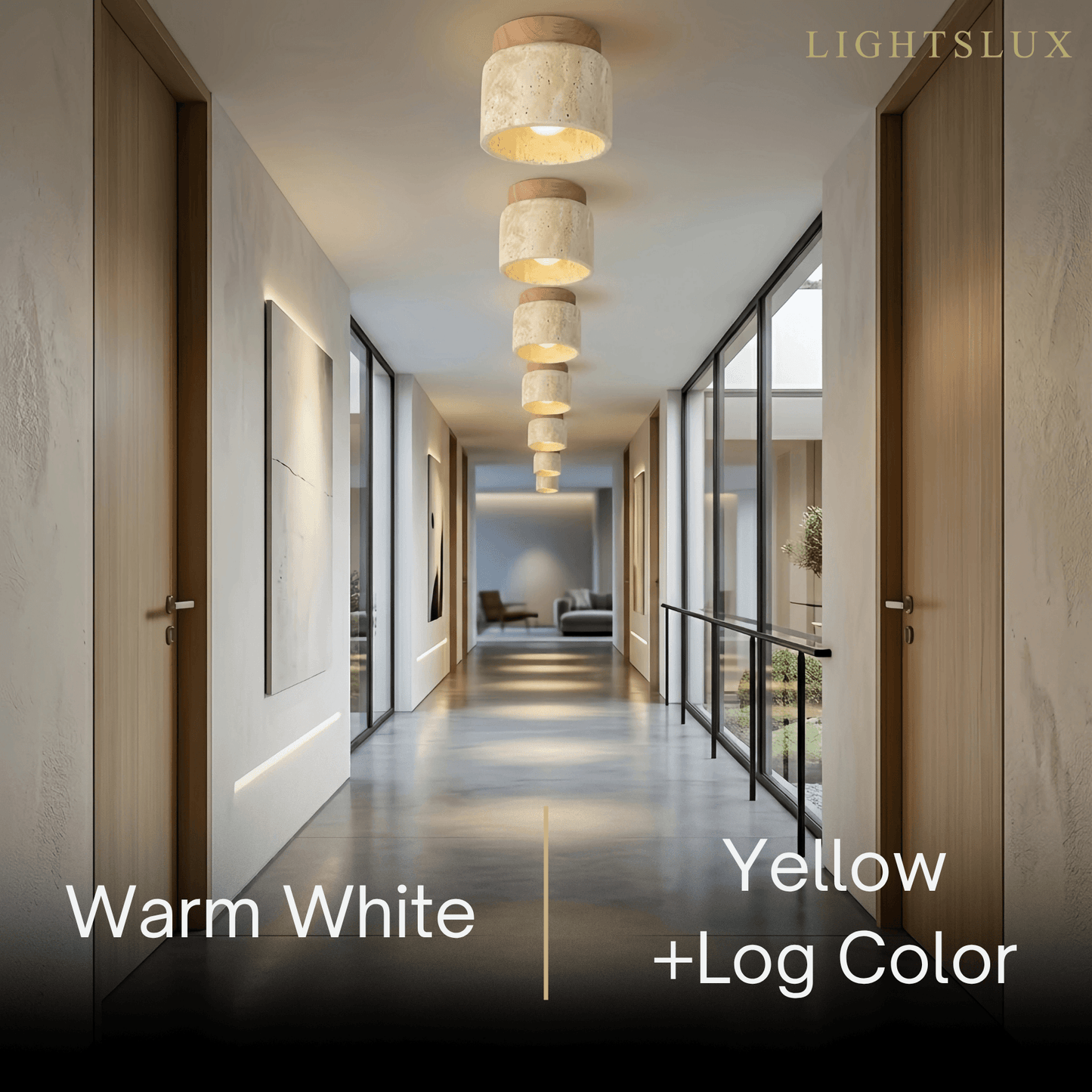 Minimalist Flush Mount Ceiling Light — Stone & Wood Yellow Log Color
