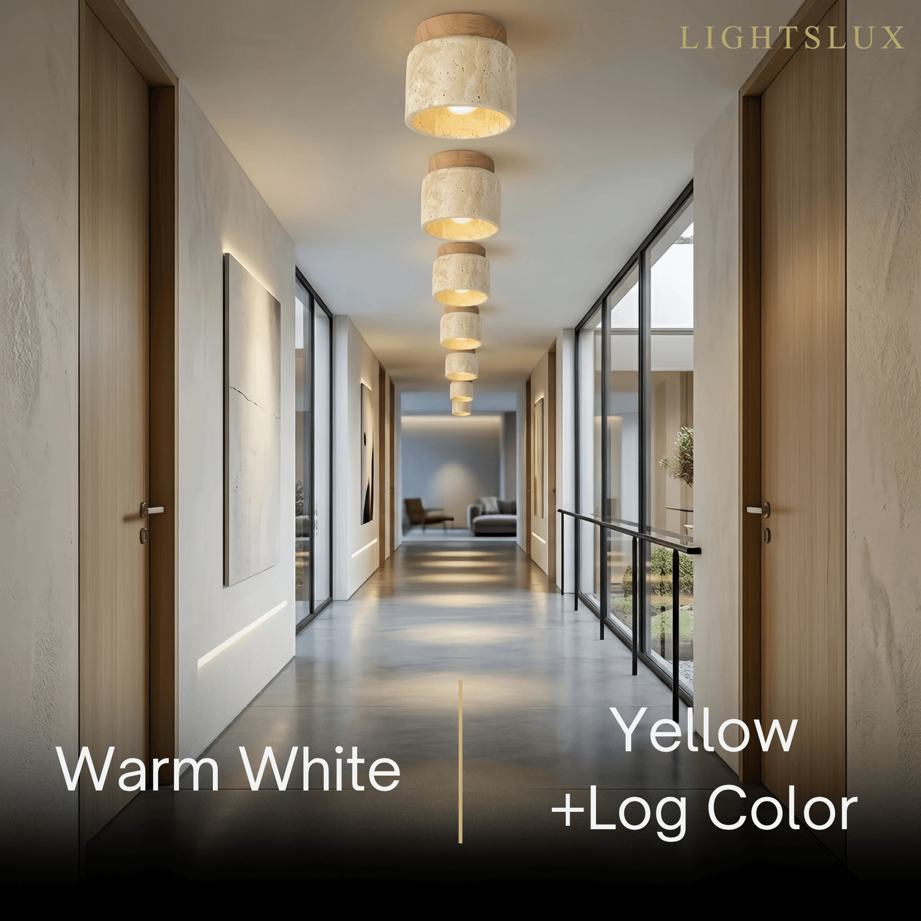 Minimalist Flush Mount Ceiling Light — Stone & Wood Yellow Log Color