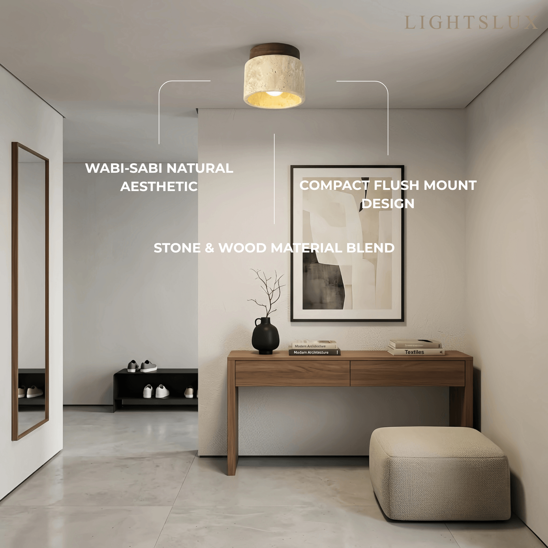 Minimalist Flush Mount Ceiling Light — Stone & Wood Yellow Log Color