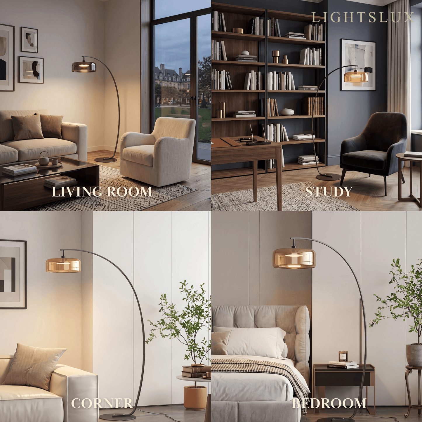 Modern Floor Lamp -- Iron & Glass Amber or Smoky Grey