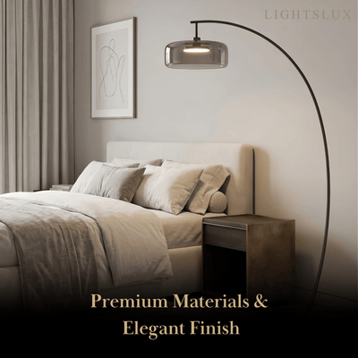 Modern Floor Lamp -- Iron & Glass Amber or Smoky Grey