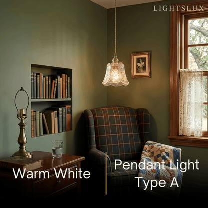 Classic Brass Glass Pendant Light -- Walnut Wood Accent