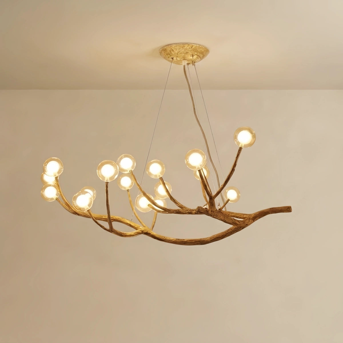 Natural Tree Branch Chandelier -- Wood-Look Resin & Glass for Living Room 