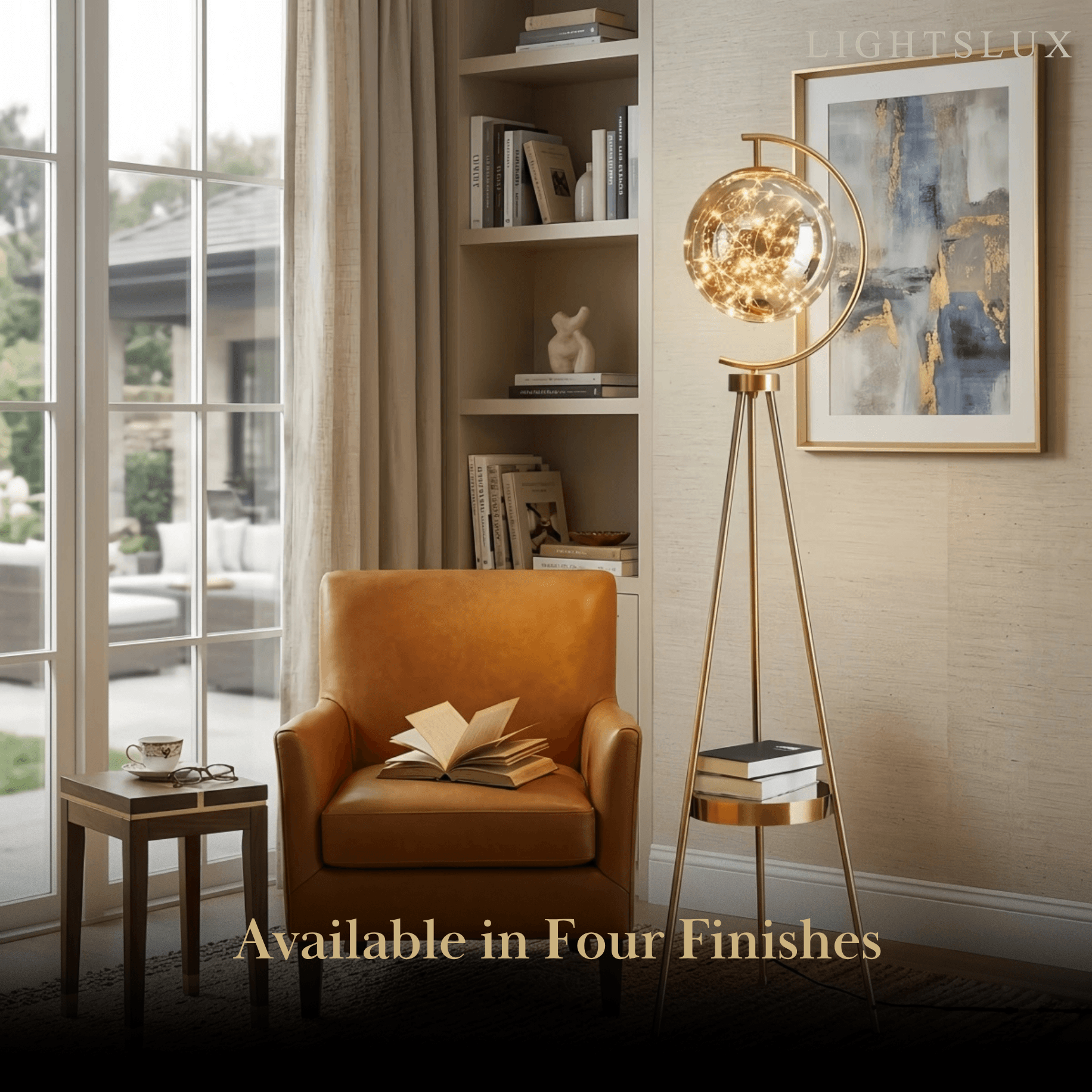 Modern Glass Ball Tripod Floor Lamp with Tray -- Gold or Black