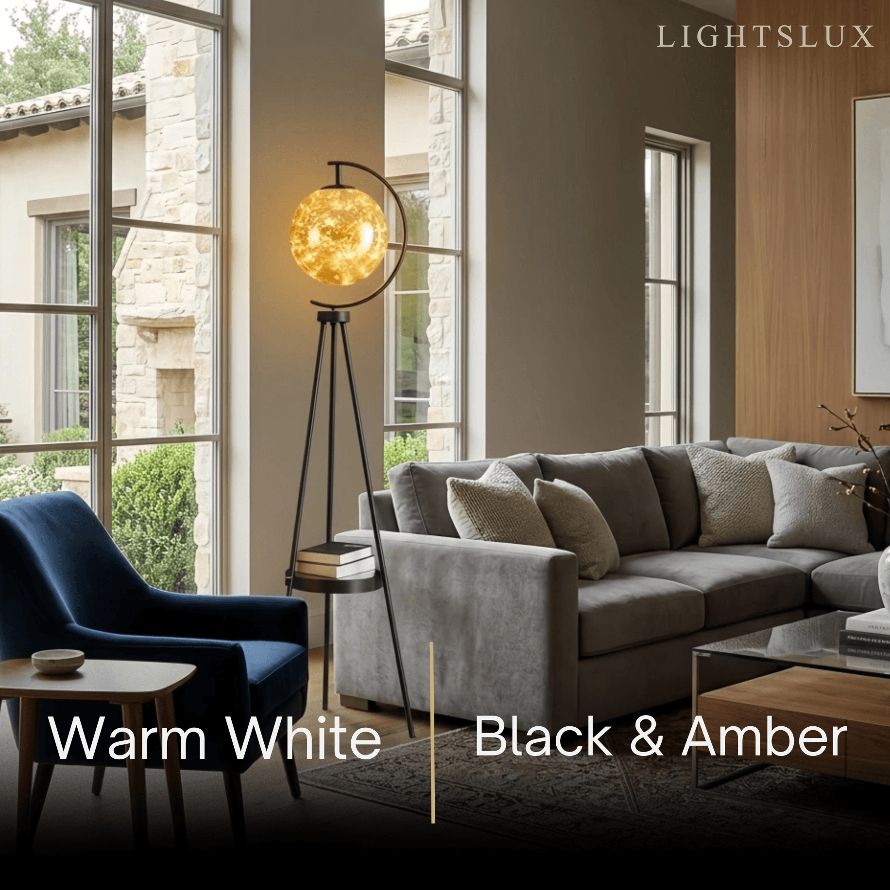 Modern Glass Ball Tripod Floor Lamp with Tray -- Gold or Black