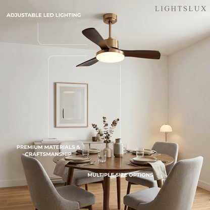 Modern Ceiling Fan Light with LED -- Walnut Wood & Gold