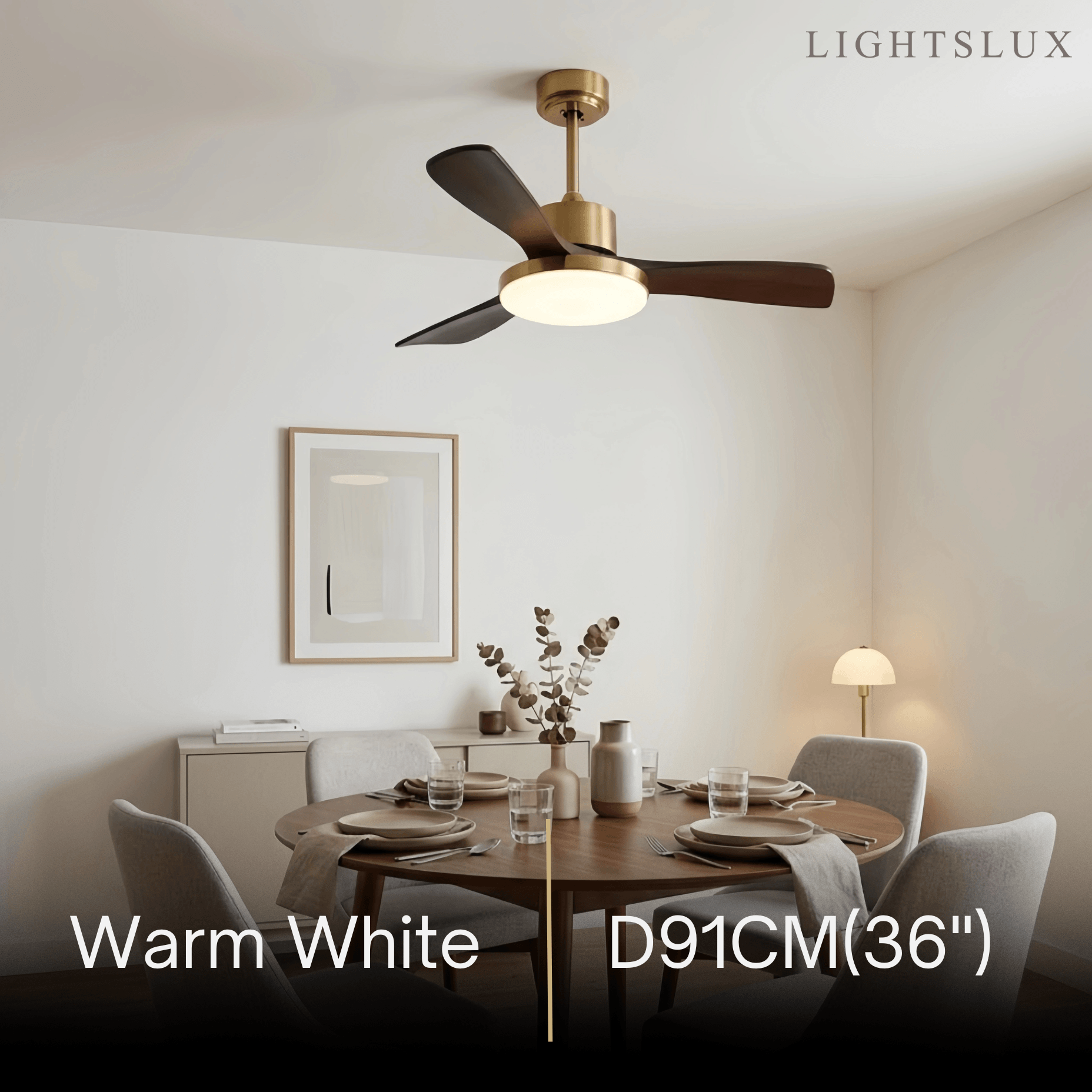 Modern Ceiling Fan Light with LED -- Walnut Wood & Gold