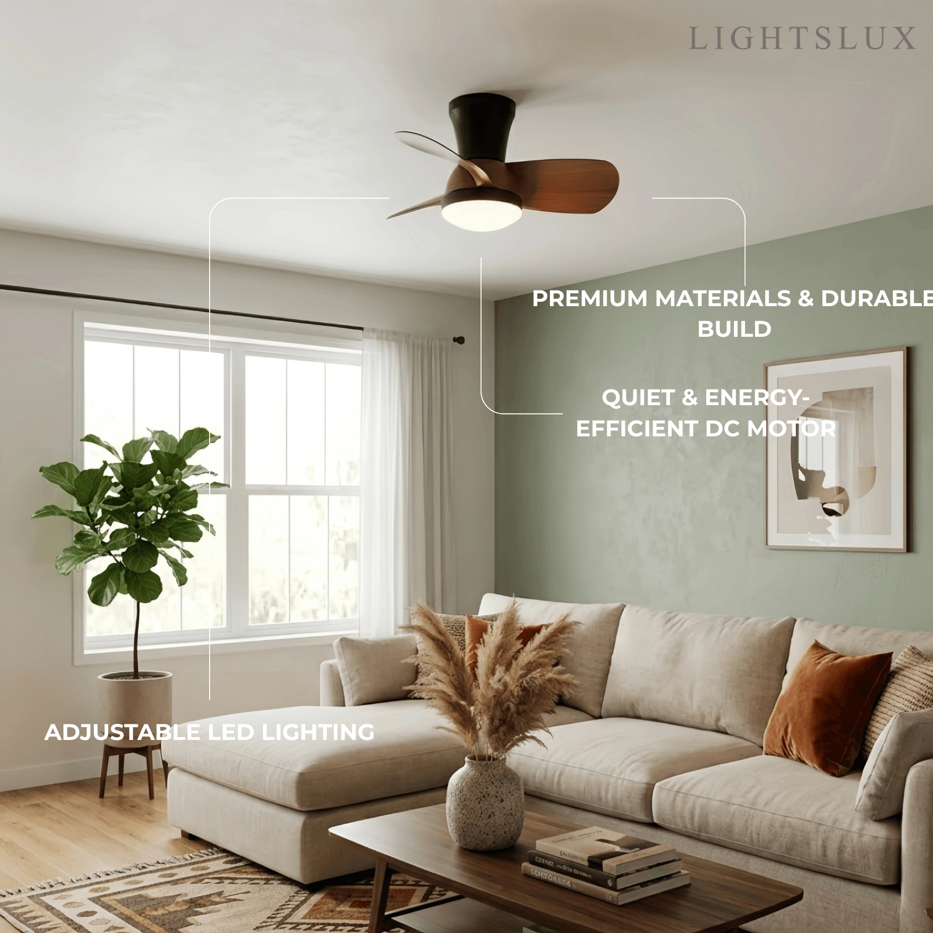 Modern Ceiling Fan Light with LED -- Walnut Wood & Black