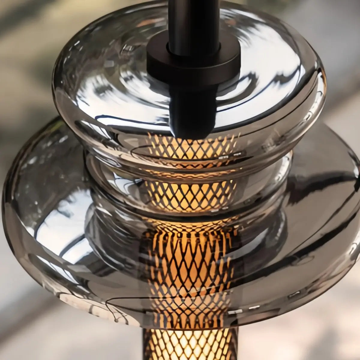 Modern Layered Pendant Light -- Black Metal & Glass
