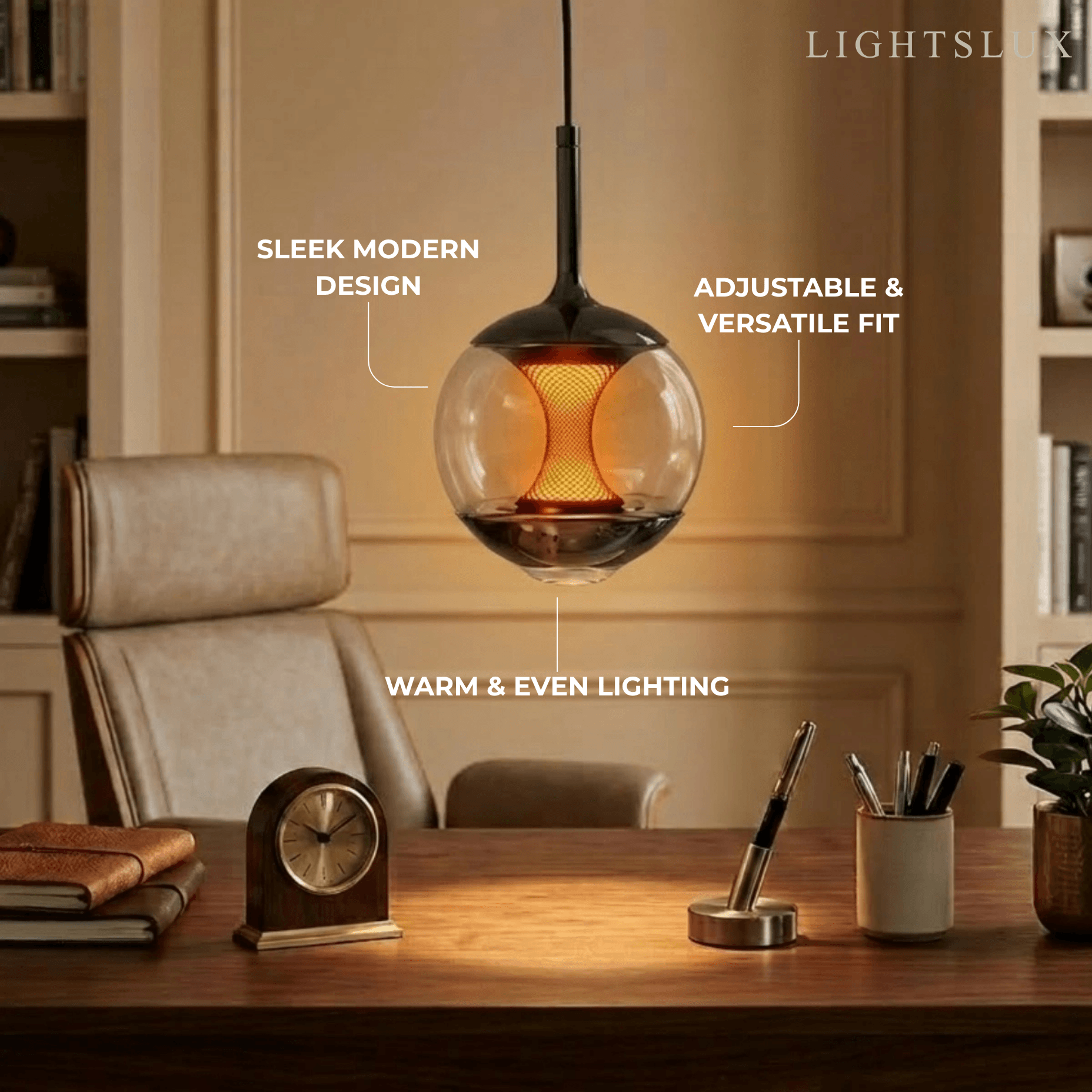 Modern Linear Pendant Light -- Black Metal & Glass Globe