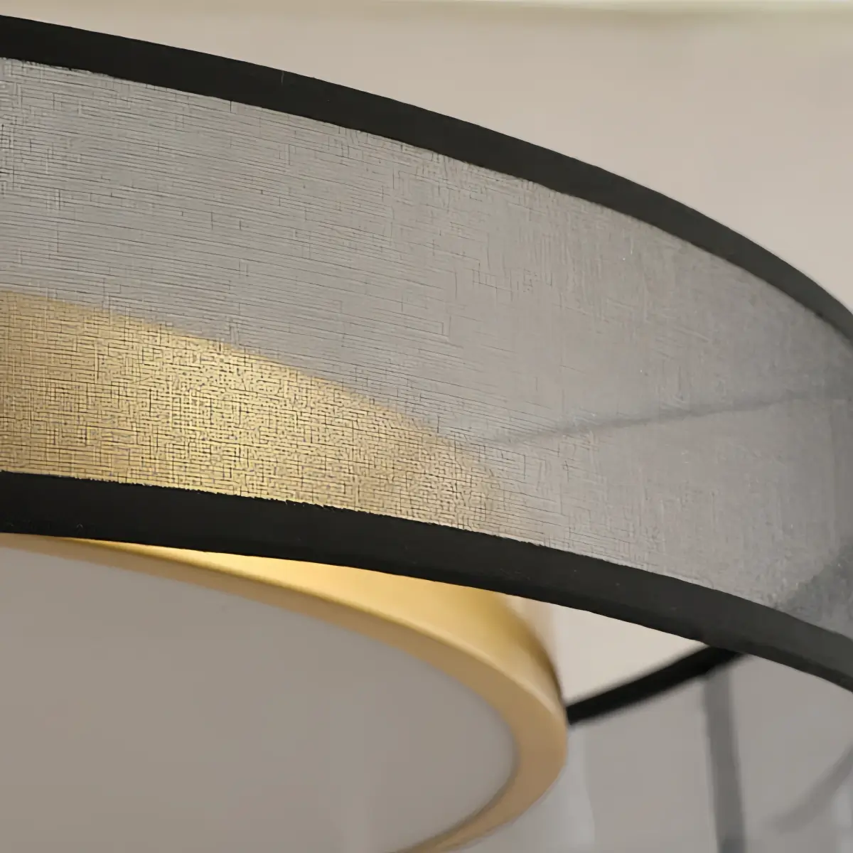 Art Deco Round Ceiling Light -- Black Metal & Fabric