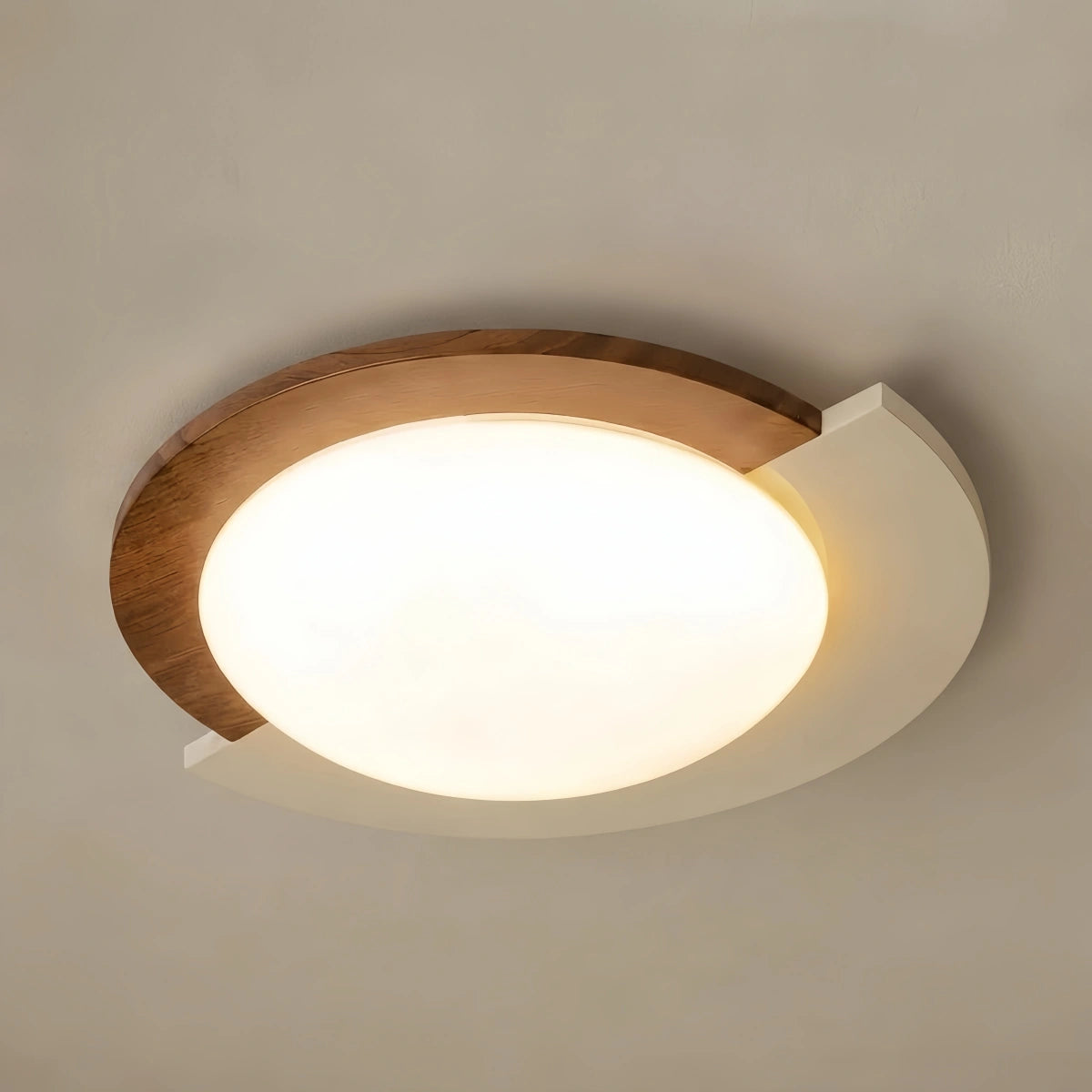 Crema Modern Walnut Round Ceiling Light -- White Metal & Acrylic for Bedroom