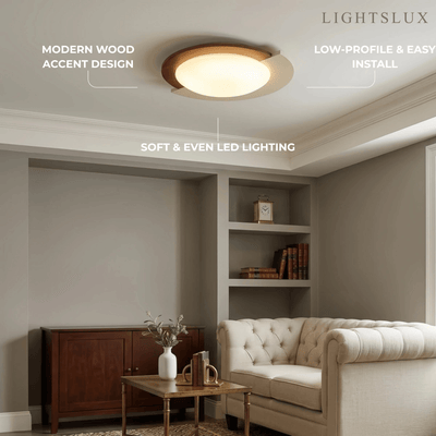 Modern Walnut Round Ceiling Light -- White Metal & Acrylic