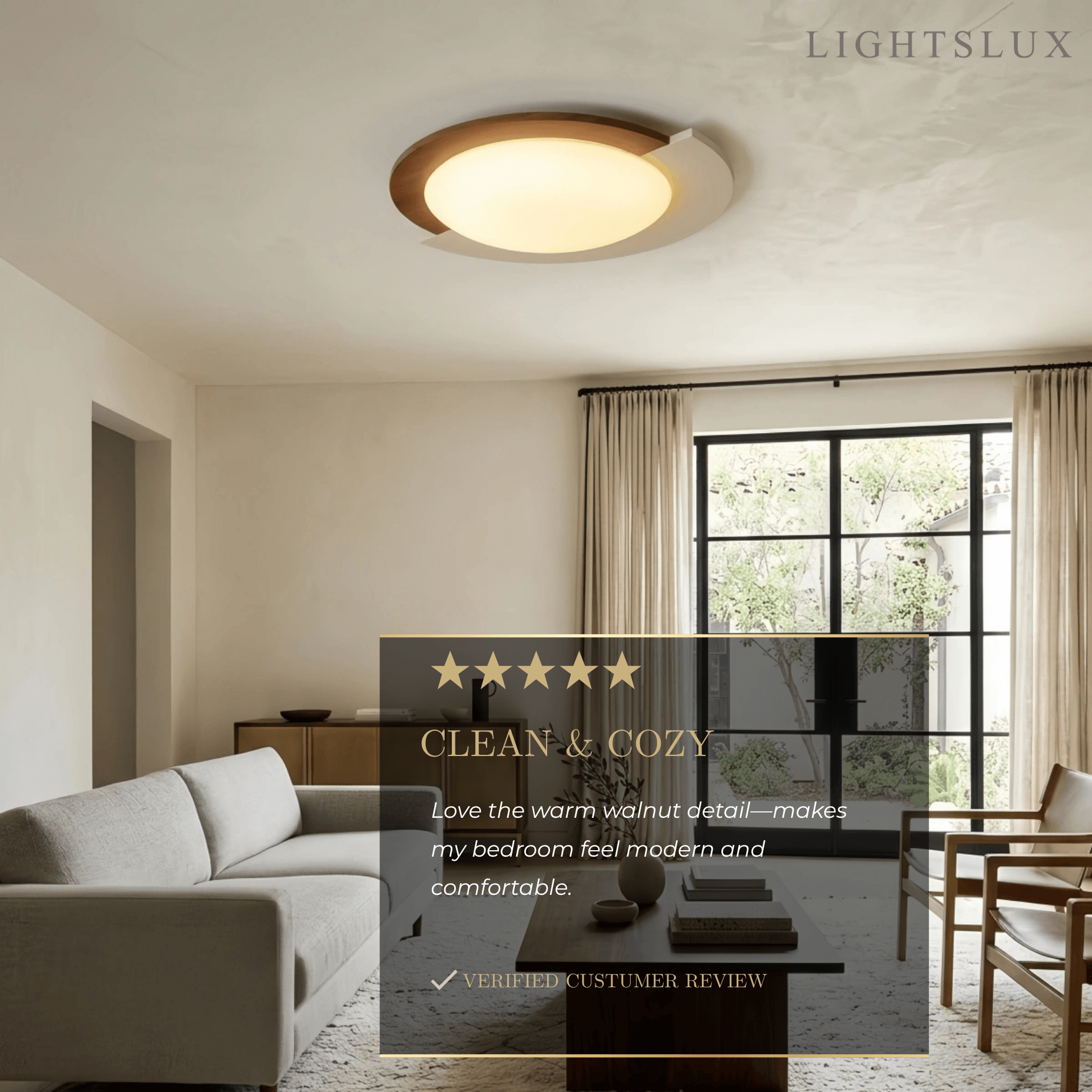 Modern Walnut Round Ceiling Light -- White Metal & Acrylic