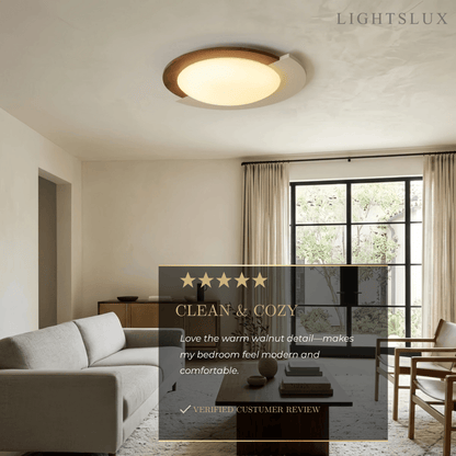 Modern Walnut Round Ceiling Light -- White Metal & Acrylic