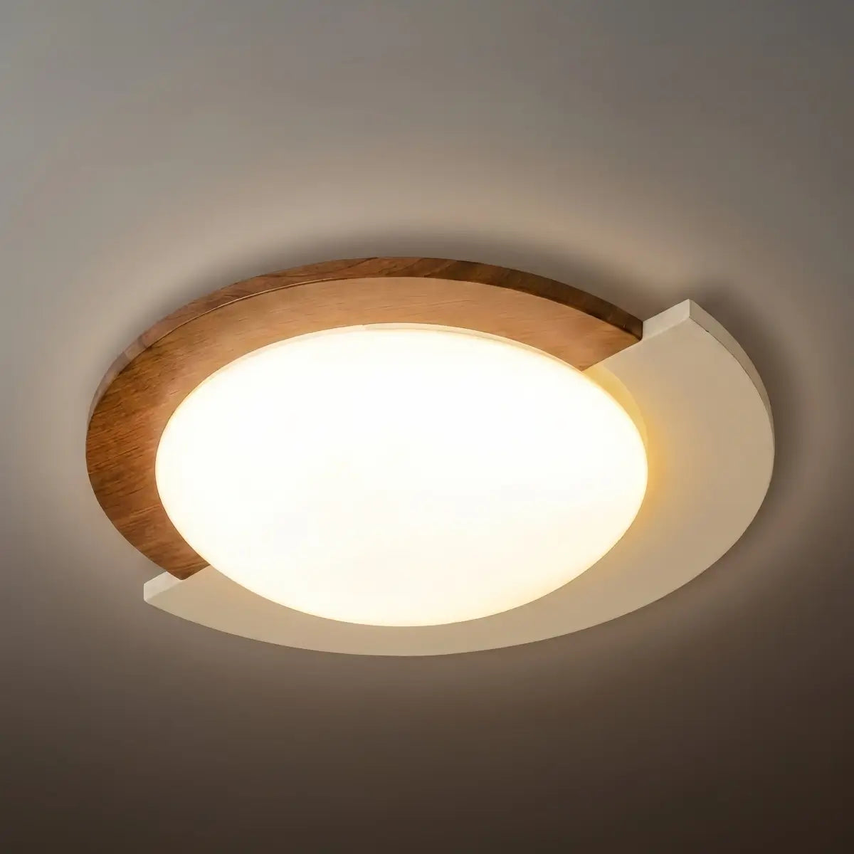 Modern Walnut Round Ceiling Light -- White Metal & Acrylic