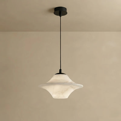 Alba Modern Saucer Alabaster Pendant Light -- Black Metal for Bedroom Dining Room