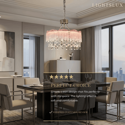 Vetro Elegant Glass Fringe Crystal Chandelier – Green/Pink/Clear Round for Bedroom / Dining Room