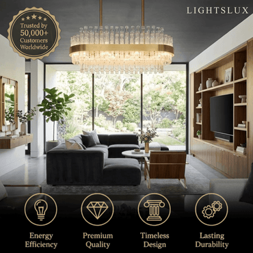 Excelis Luxury Rectangular Crystal Chandelier – Gold Frame for Dining Room / Kitchen