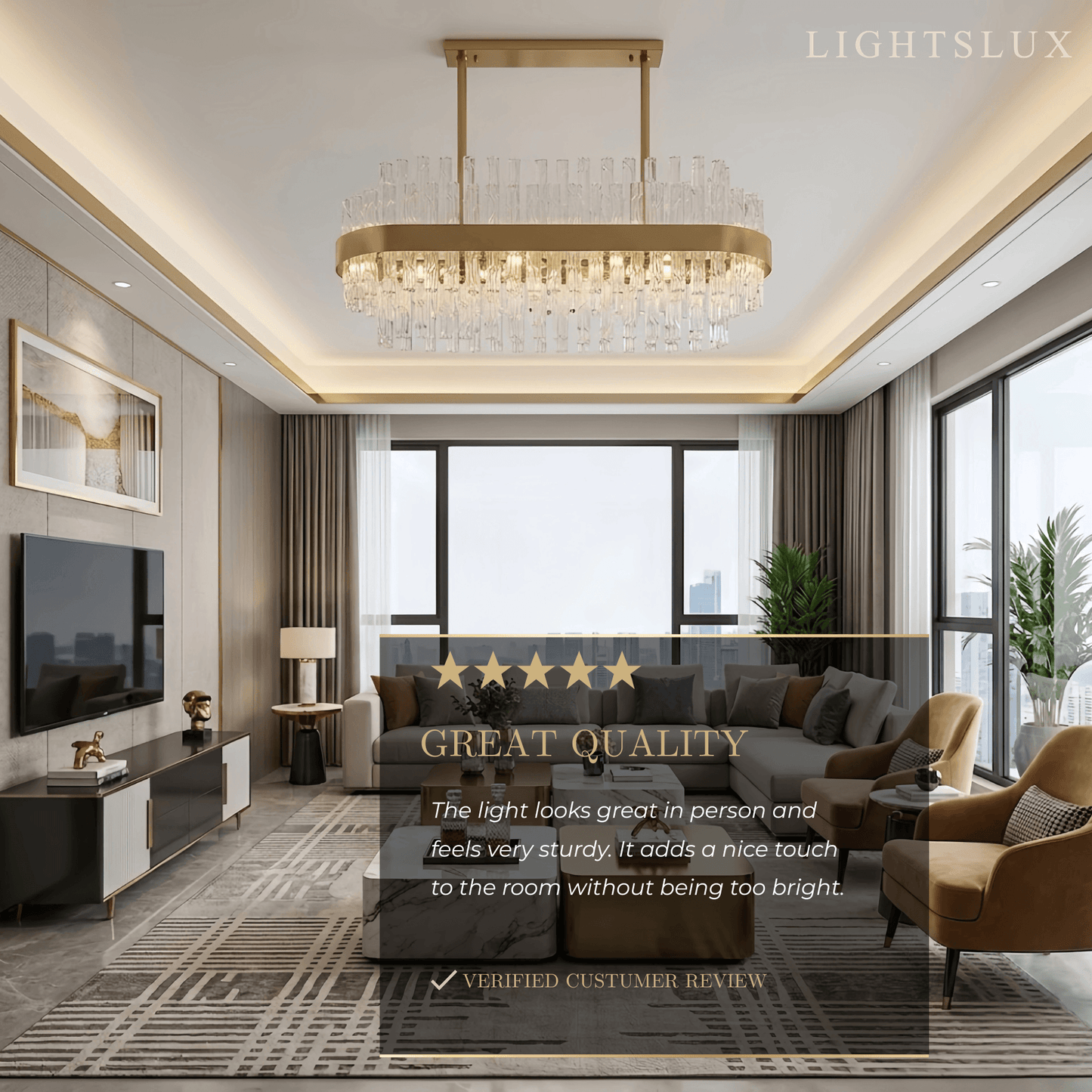 Excelis Luxury Rectangular Crystal Chandelier – Gold Frame for Dining Room / Kitchen