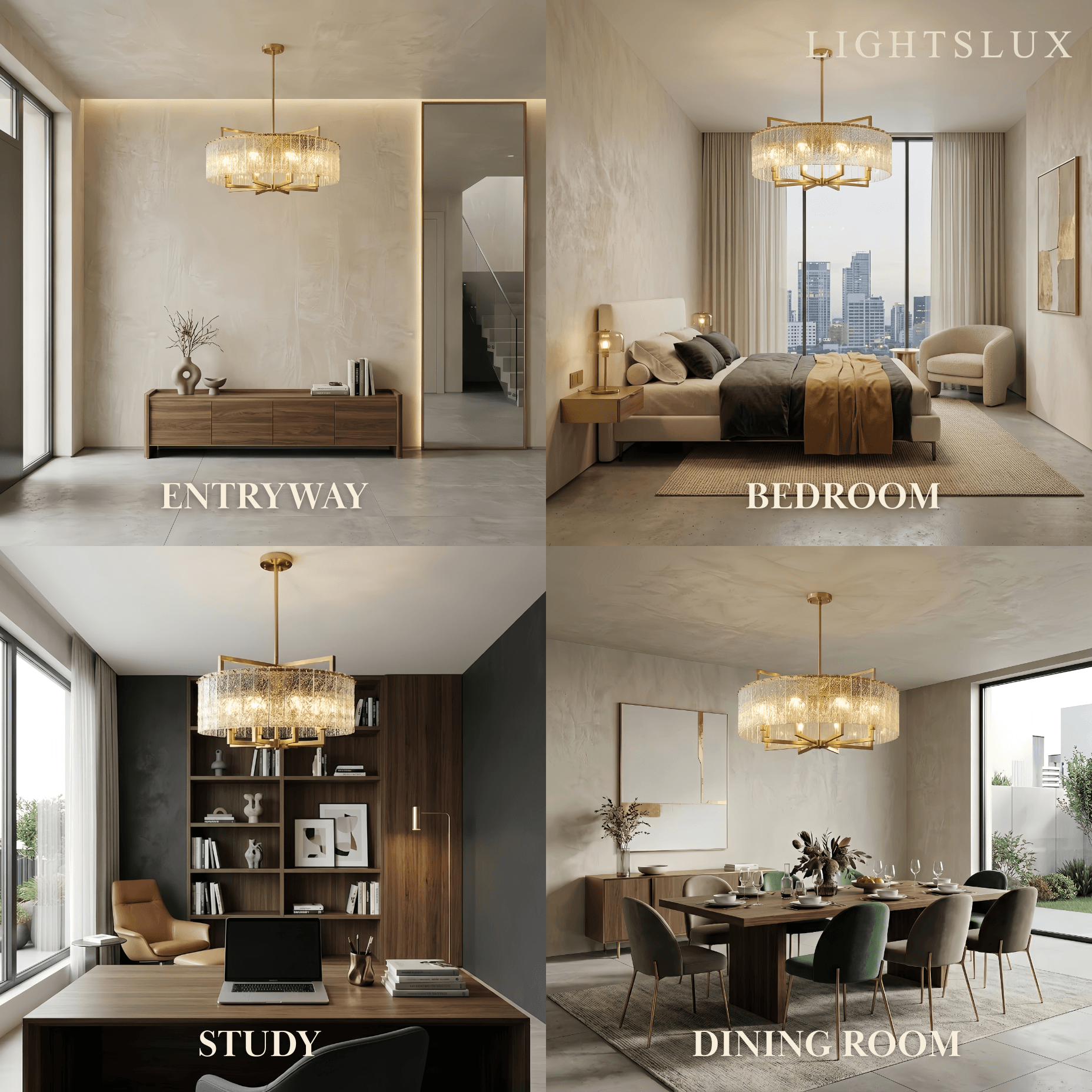 Excelis Modern Textured Glass Round Chandelier – Gold Brass for Dining Room / Kitchen