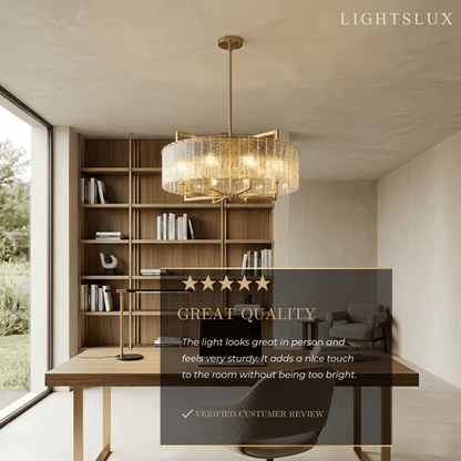 Excelis Modern Textured Glass Round Chandelier – Gold Brass for Dining Room / Kitchen
