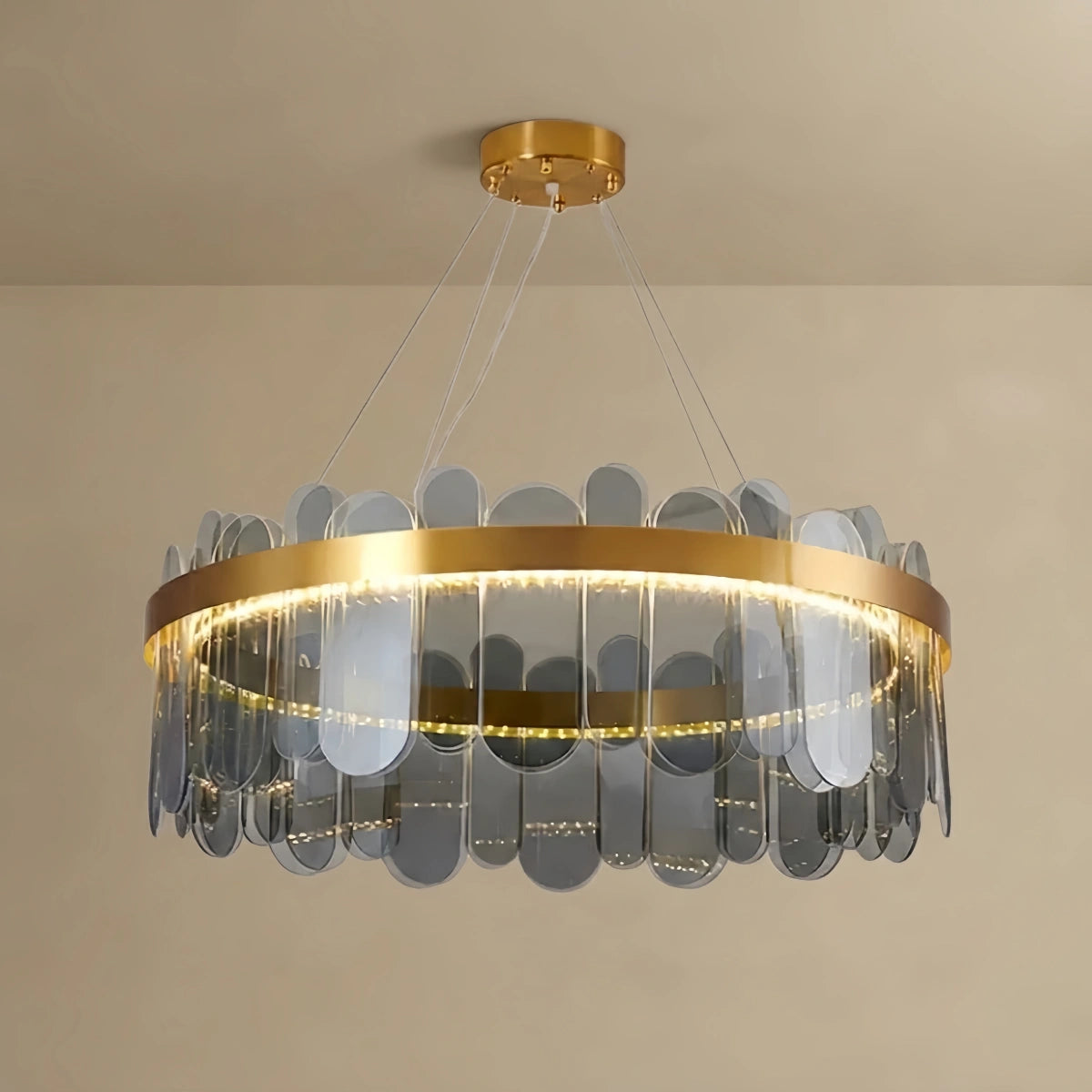 Circular Glass Chandelier -- Gold with Smoky Gray/Clear for Living Room Bedroom