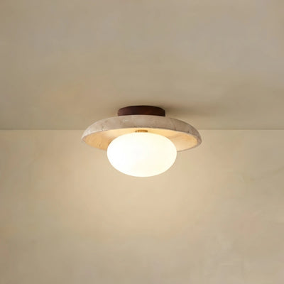 Strata Minimalist Travertine Ceiling Light – Natural Stone & Glass  for Living Room, Bedroom, Hallway