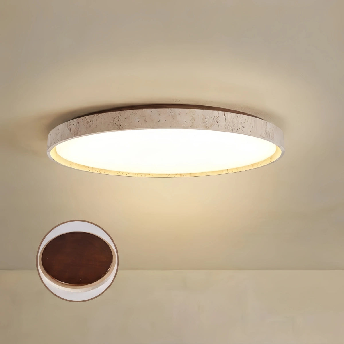 Strata Modern Minimalist Travertine Ceiling Light – Walnut or Wood for Bedroom