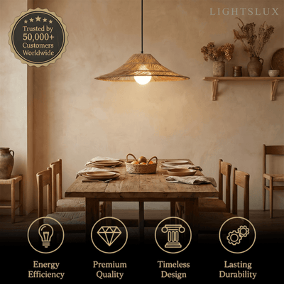 Bamburo Natural Rattan Pendant Light Conical Metal Woven Lamp