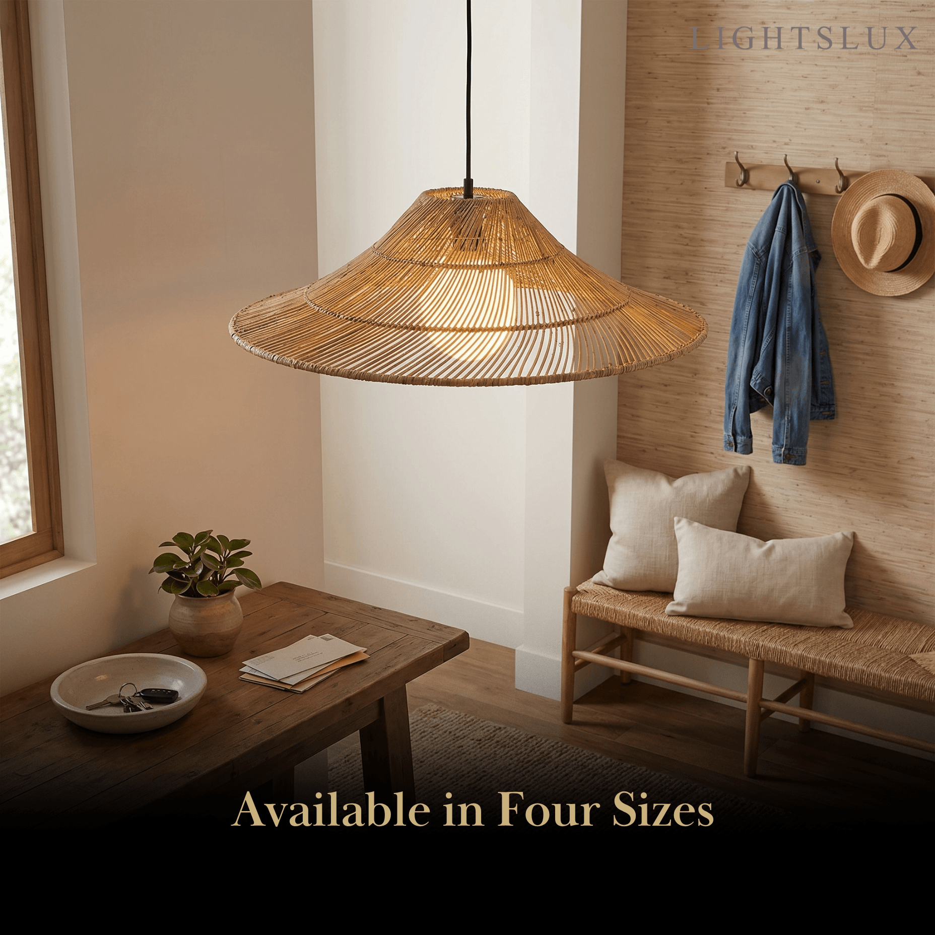 Bamburo Natural Rattan Pendant Light Conical Metal Woven Lamp