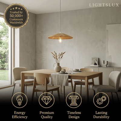 Bamburo Natural Japanese Style Rattan Pendant Light - Brown/Black Hemp Rope for Kitchen, Dining Room & Living Room