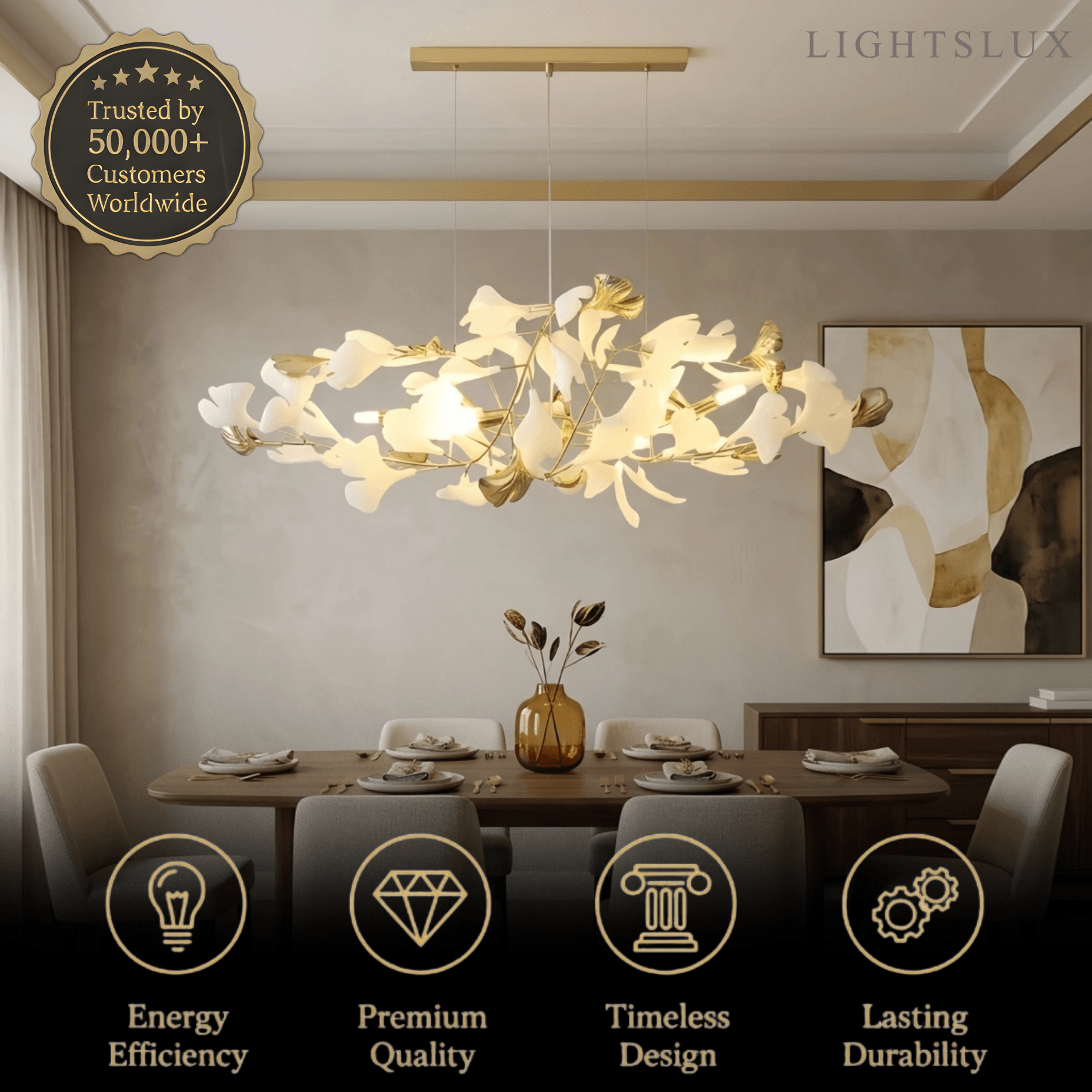 Velora Minimalist Ginkgo Leaf Chandelier -- Iron & Glass for Dining Room