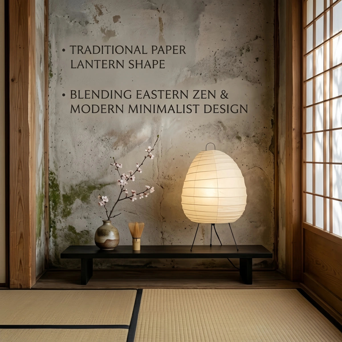 Japanese Table Lamp -- Metal & Rice Paper Beige for Bedroom