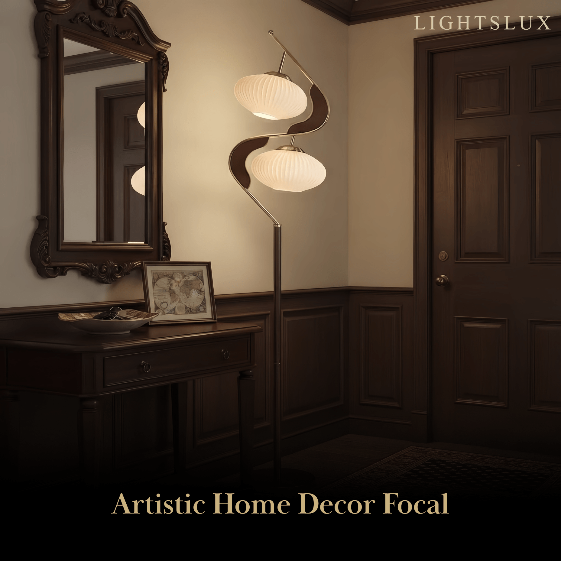 Velora Art Deco Floor Lamp-- Glass Metal Wood for Living Room