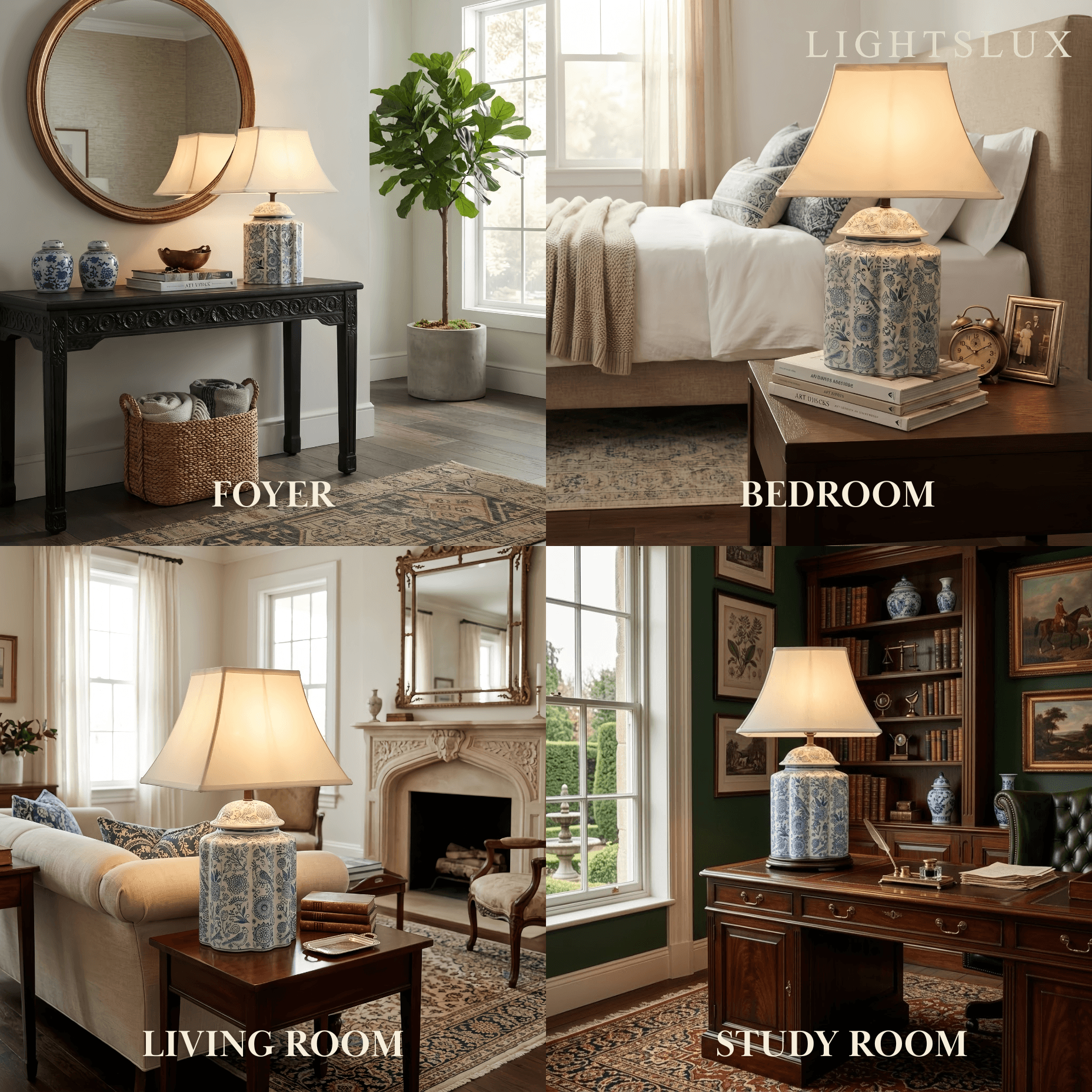 Velora Elegant Hand-Painted Ceramic Table Lamp -- Blue Body with Beige Linen Shade for Indoor