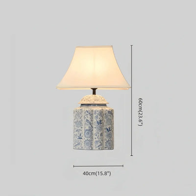 Velora Elegant Hand-Painted Ceramic Table Lamp -- Blue Body with Beige Linen Shade for Living Room Size