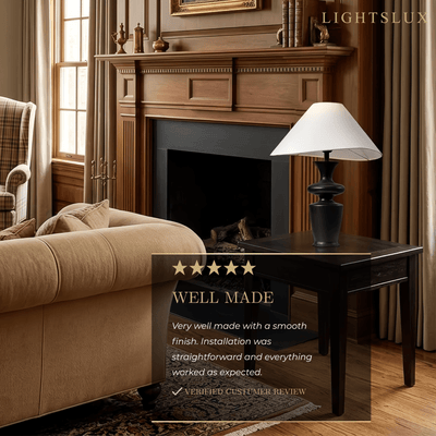 Sandora Classical Fabric Shade Table Lamp -- Natural Wood & Black/White for Living Room
