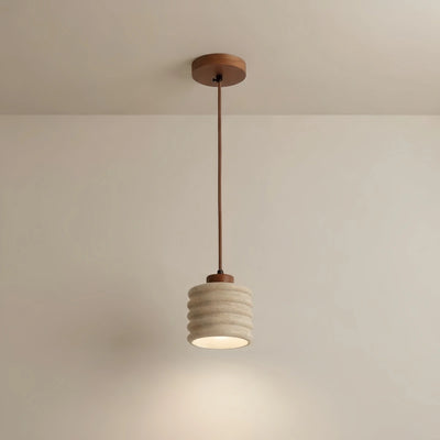Strata Modern Yellow Pendant Light - Travertine & Wood Ceiling Lamp for Dining Area