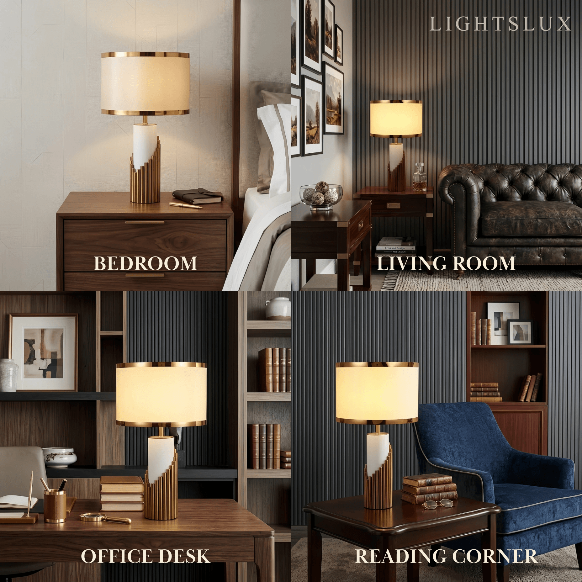 Lunara Royal White & Gold Table Lamp – Cylindrical Metal & Fabric for Bedroom