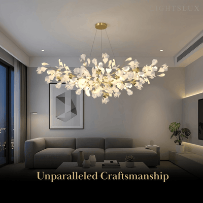 Excelis Art Deco White Chandelier – Metal/Acrylic Gingko Design for Living Room