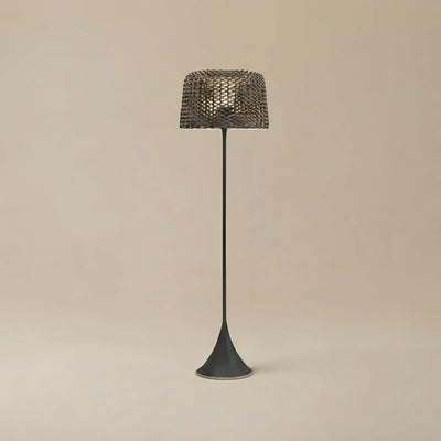 Bamburo Vintage Rattan Solar Outdoor Floor Lamp – Black Metal Hooded Terrace