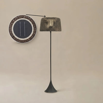 Bamburo Vintage Rattan Solar Outdoor Floor Lamp – Black Metal Hooded Terrace