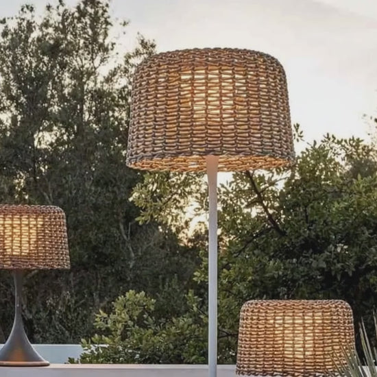 Bamburo Vintage Rattan Solar Outdoor Floor Lamp – Black Metal Hooded Terrace