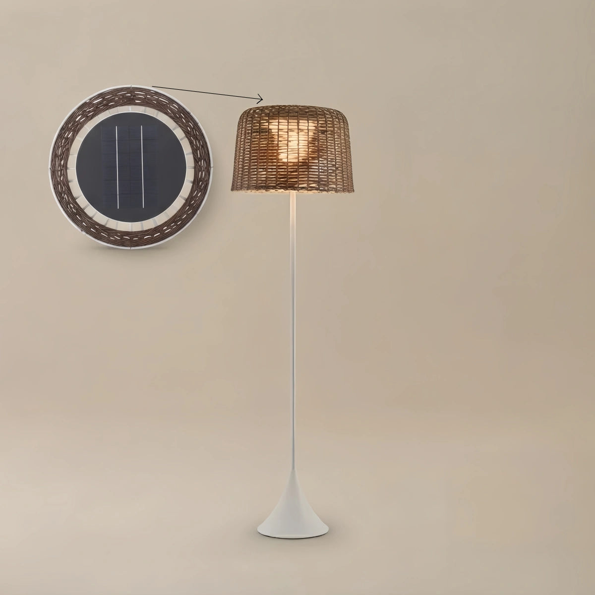 Bamburo Vintage Rattan Solar Outdoor Floor Lamp – Black Metal Hooded Terrace